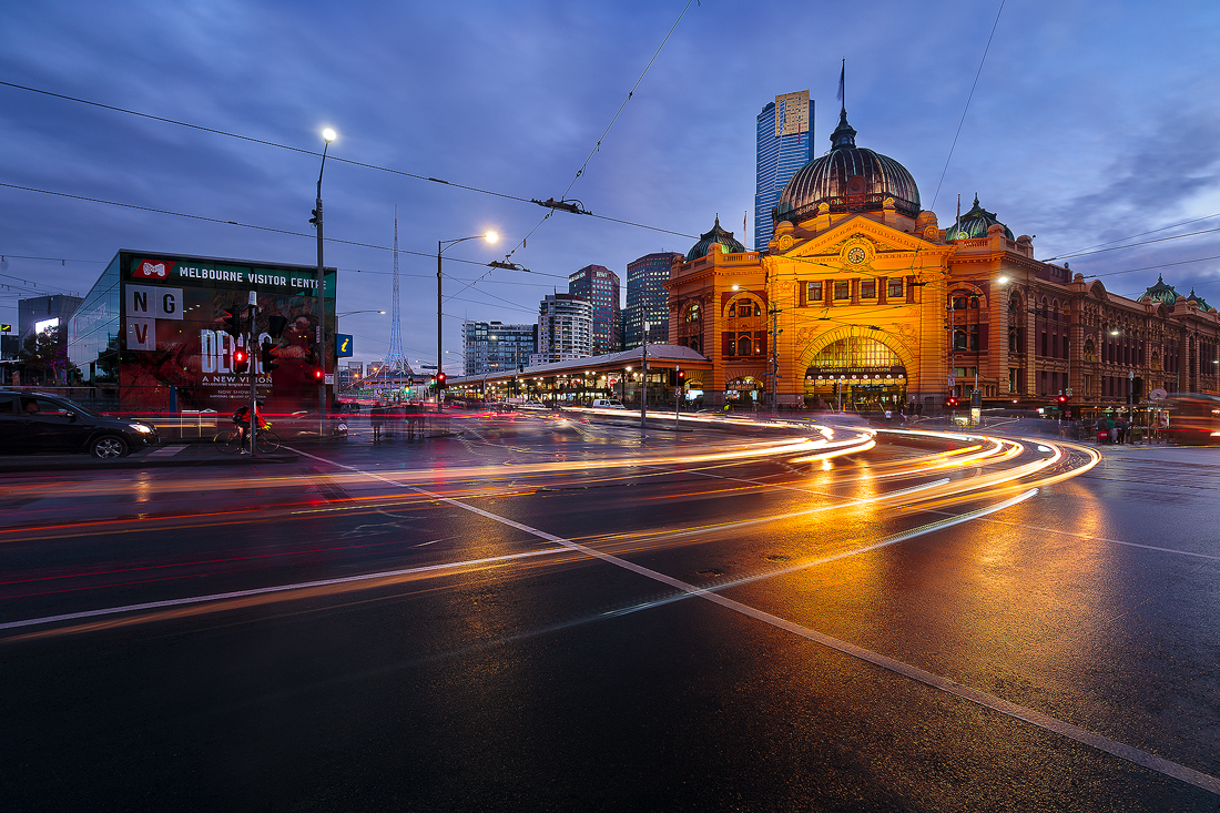 Dusk at the heart of Melbourne, Flinders Street Station and Federation Square