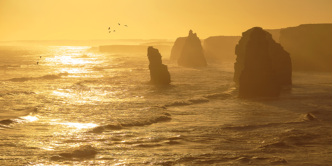 A golden sunset at the 12 Apostles on the Great Ocean Road