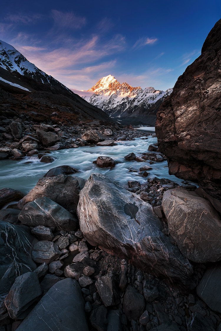 The last light of the day shining on Aoraki with Hooker River